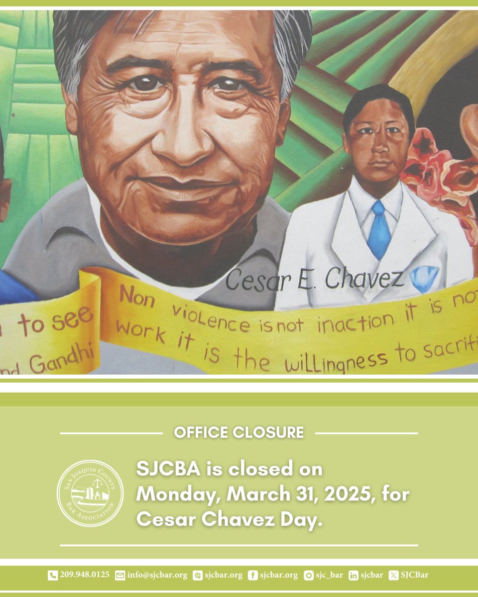 Our office will be closed on Monday, March 31, 2025, for Cesar Chavez Day.

#SJCBA #SJCBAR #officeclosure #CesarChavezDay