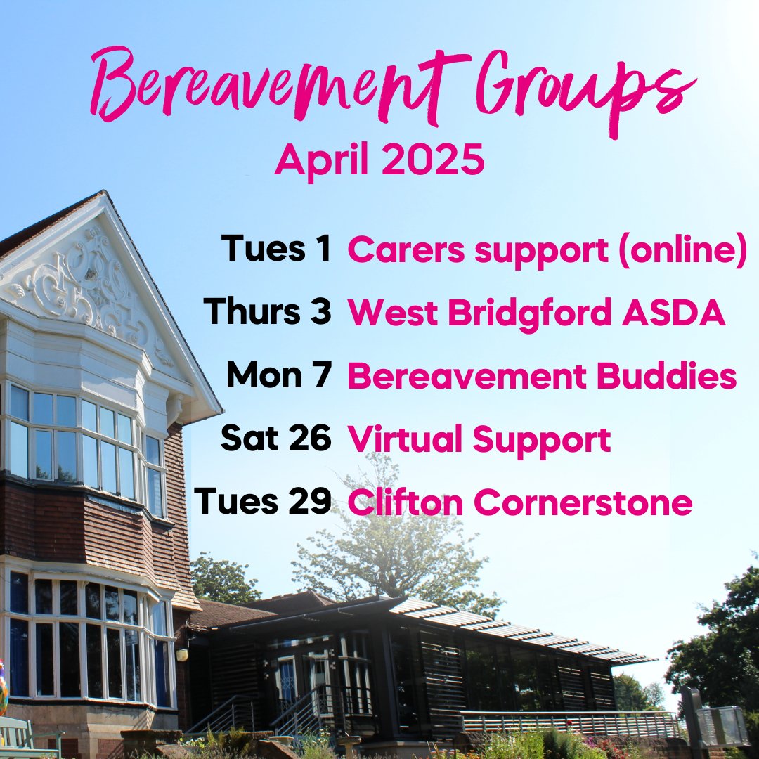 Bereavement Support Groups for April 2025
These are peer support groups to share experiences with each other. Staff and volunteers will be on hand where necessary. 💜
All sessions are 2 - 4pm 🕑
For locations and more info, head to our website: nottshospice.org/service/bereav…