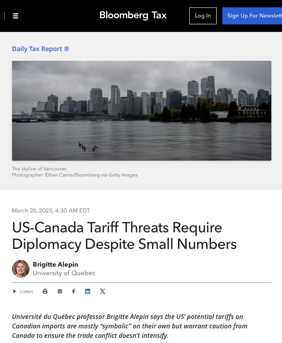 Mon article dans Bloomberg aujourd'hui…
J’y explique que la réciprocité tarifaire concernant les taxes canadiennes se limite à un taux presque symbolique de 0,1 %. 
news.bloombergtax.com/daily-tax-repo…