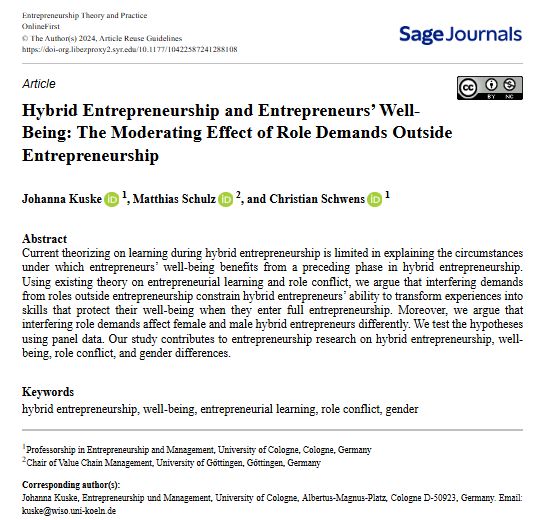 ETPjournal's tweet image. Transitioning from hybrid to full-time entrepreneurship isn't always seamless. Research shows that role clashes can reduce the well-being benefits of learning, competing demands affect entrepreneurial skills, and gender differences influence these impacts doi.org/10.1177/104225…
