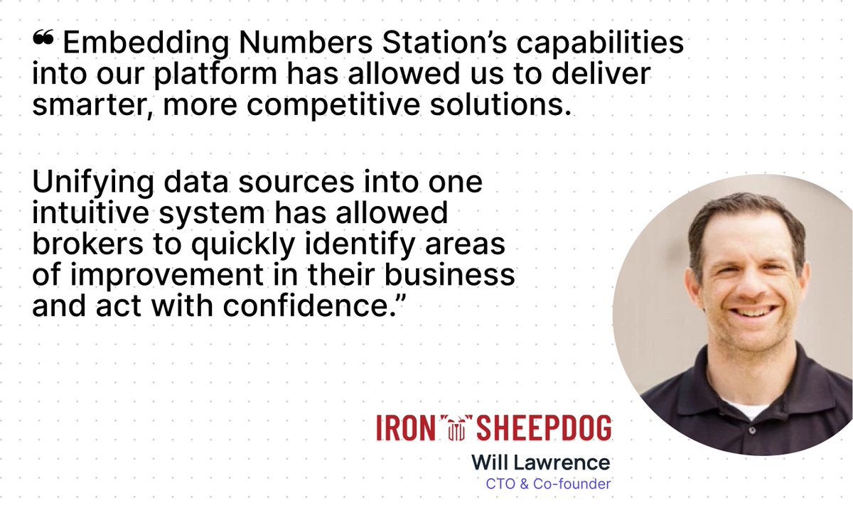 Numbers Station AI (@numbersstnai) on Twitter photo 🚧 Construction logistics isn’t known for cutting-edge software—but <a href="/isheepdog/">Iron Sheepdog</a> is changing that.
By embedding Numbers Station directly into their product, brokers can instantly query their data using plain English and get real-time insights without waiting on a report or 🚧 Construction logistics isn’t known for cutting-edge software—but <a href="/isheepdog/">Iron Sheepdog</a> is changing that.
By embedding Numbers Station directly into their product, brokers can instantly query their data using plain English and get real-time insights without waiting on a report or