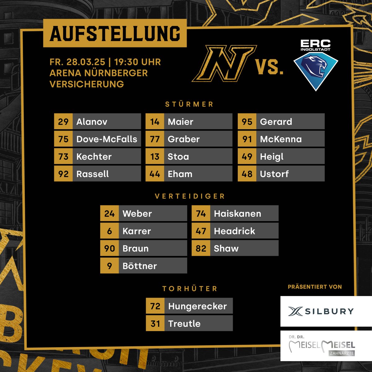 Marcus Weber ist als frischgebackener Vater heute wieder mit im Aufgebot, Evan Barratt fehlt weiterhin verletzt. Für ihn ist auch heute wieder Mark Rassell im Team. Leon Hungerecker startet im Tor, um 19:30 Uhr geht’s los. #NITvsING