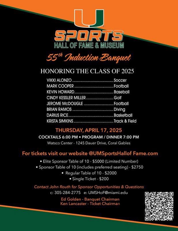 UMSHoF's tweet image. 55th Annual UMSHoF&M Induction Banquet is Thursday, April 17th at the Watsco Center. Go to UMSportsHallofFame.com for details! 🙌