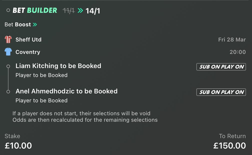 TheCardDealer's tweet photo. 🔴 SHEFF UTD vs. COVENTRY 🔵

🚀 bet365 have PRICE BOOSTED IT + are offering SUB ON PLAY ON!

➡️ Boosted Link HERE: https://t.co/ojkfX00QKD

📈 KITCHING (21.9%) & AHMEDHODZIC (18.2%) are both the top %'s on tonight's model for each side. They also come out value as singles, making up a tasty looking 14/1 double. 

❤️ Drop a like if you are tailing the bet. 

#AD | 18+ | https://t.co/ZfrZSdCUwN | always gamble responsibly | registration required.