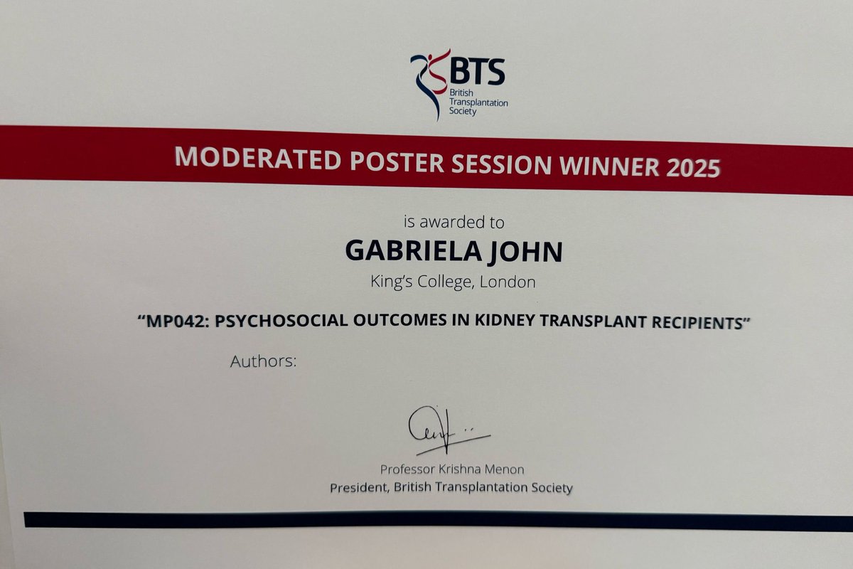 Nicos Kessaris (@nicoskessaris) on Twitter photo Well done Gabriela for winning the Moderated Poster Session <a href="/BTStransplant/">BTS</a> #BTS2025 on your iBSc work on psychological outcomes following kidney transplantation <a href="/KingsCollegeLon/">King's College London</a> <a href="/GSTTnhs/">Guy's and St Thomas'</a> <a href="/TransplantMaple/">Hannah Maple</a> <a href="/prokarurol/">Prof. Prokar Dasgupta OBE</a> <a href="/abdullatif_aydn/">Abdullatif Aydın</a> Well done Gabriela for winning the Moderated Poster Session <a href="/BTStransplant/">BTS</a> #BTS2025 on your iBSc work on psychological outcomes following kidney transplantation <a href="/KingsCollegeLon/">King's College London</a> <a href="/GSTTnhs/">Guy's and St Thomas'</a> <a href="/TransplantMaple/">Hannah Maple</a> <a href="/prokarurol/">Prof. Prokar Dasgupta OBE</a> <a href="/abdullatif_aydn/">Abdullatif Aydın</a>