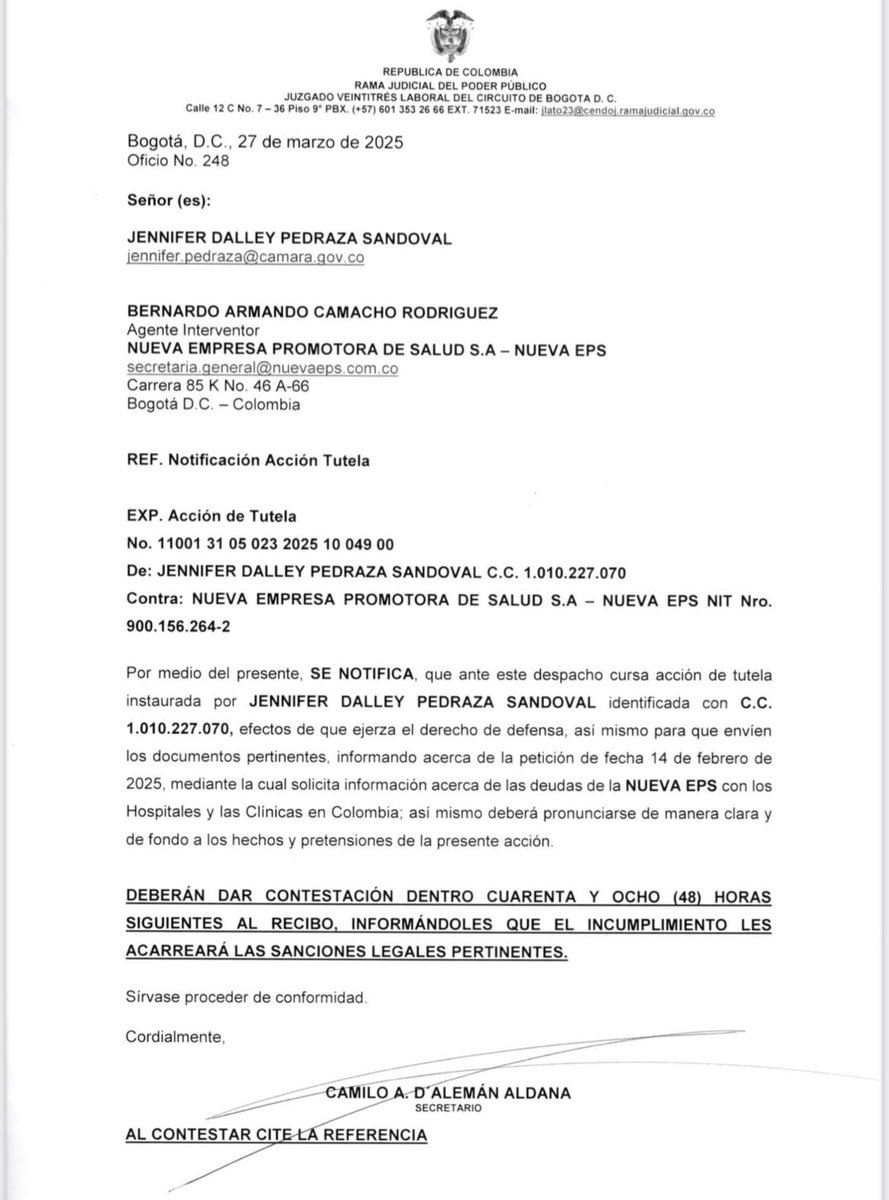 JenniferPedraz's tweet image. UN JUEZ FALLA A MI FAVOR: NUEVA EPS TIENE QUE DEJAR DE ESCONDER INFORMACIÓN AL PAÍS 🚨

Ganamos la tutela contra esta EPS por esconder información sobre sus deudas con hospitales y gestores farmacéuticos (como Audifarma, por ej) 

Esta es la EPS más grande manejada por el…