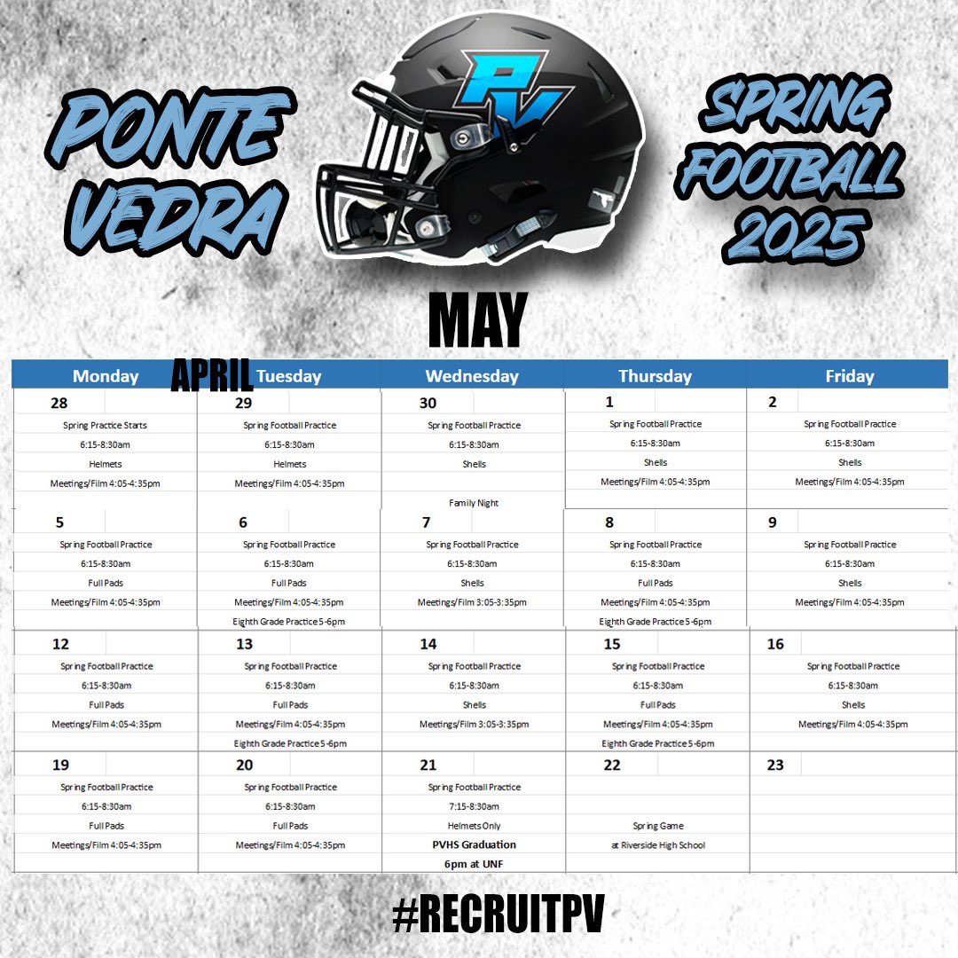 Ponte Vedra Football (@pvsharksfb) on Twitter photo Spring Schedule for your Sharks! Coaches welcome! Come on out and #RecruitPV <a href="/pv_recruiting/">Pv Elite Recruiting</a> <a href="/bhernyscoutguy/">Brian Herny</a> Spring Schedule for your Sharks! Coaches welcome! Come on out and #RecruitPV <a href="/pv_recruiting/">Pv Elite Recruiting</a> <a href="/bhernyscoutguy/">Brian Herny</a>