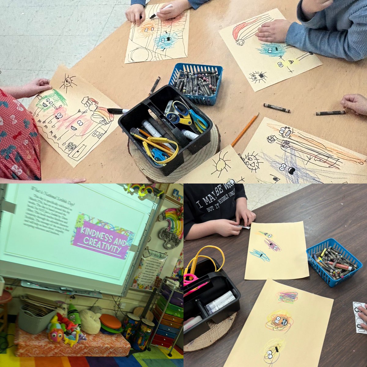 1st Grade Ss at Schirra celebrated National Scribble Day they were so excited to use the stickers from the book " Not Just a Scribble" and create their own unique Scribble characters while we talked about Kindness!