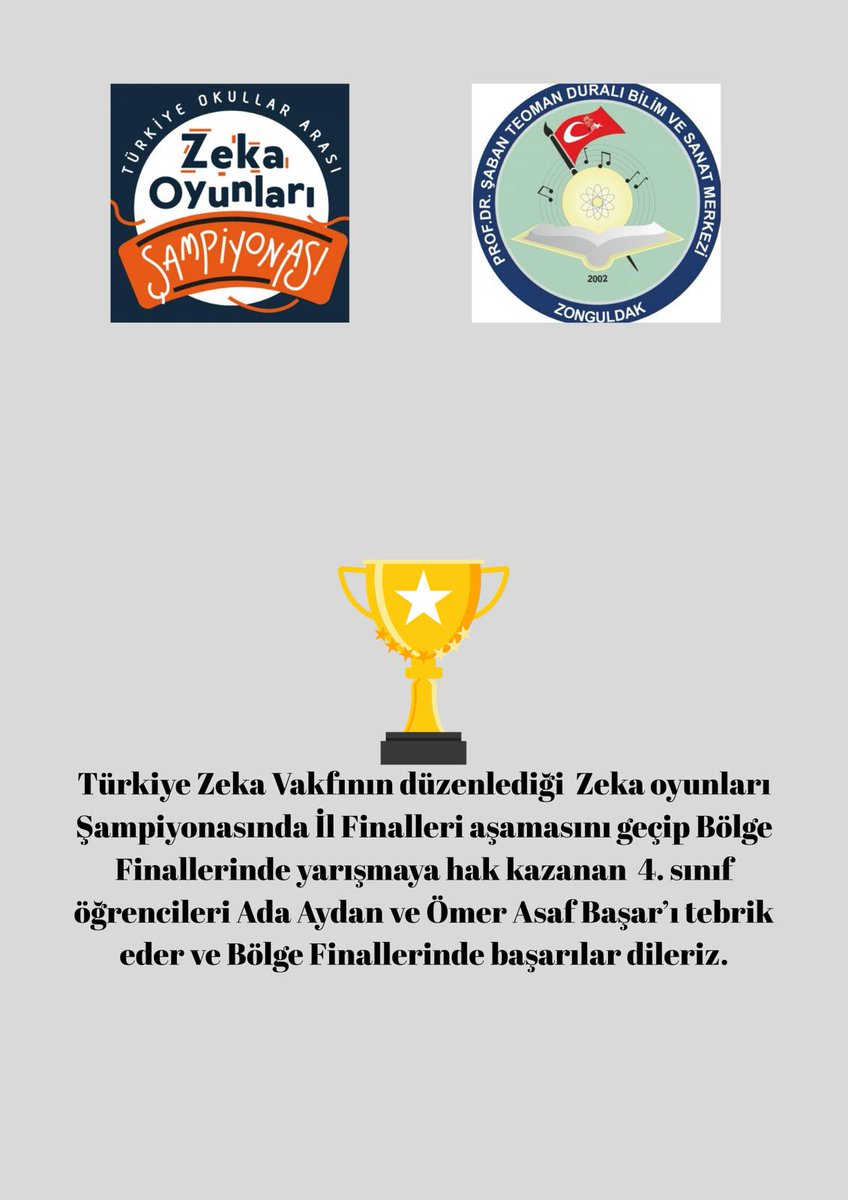 Öğrencilerimiz Ada Aydan ve Ömer Asaf Başar ile danışman öğretmenimiz Filiz Özen'i tebrik ediyoruz 👏🏻👏🏻👏🏻 <a href="/tcmeb/">Millî Eğitim Bakanlığı</a> @BilsemMeb <a href="/ZonguldakMEM/">Zonguldak İl Millî Eğitim Müdürlüğü</a>