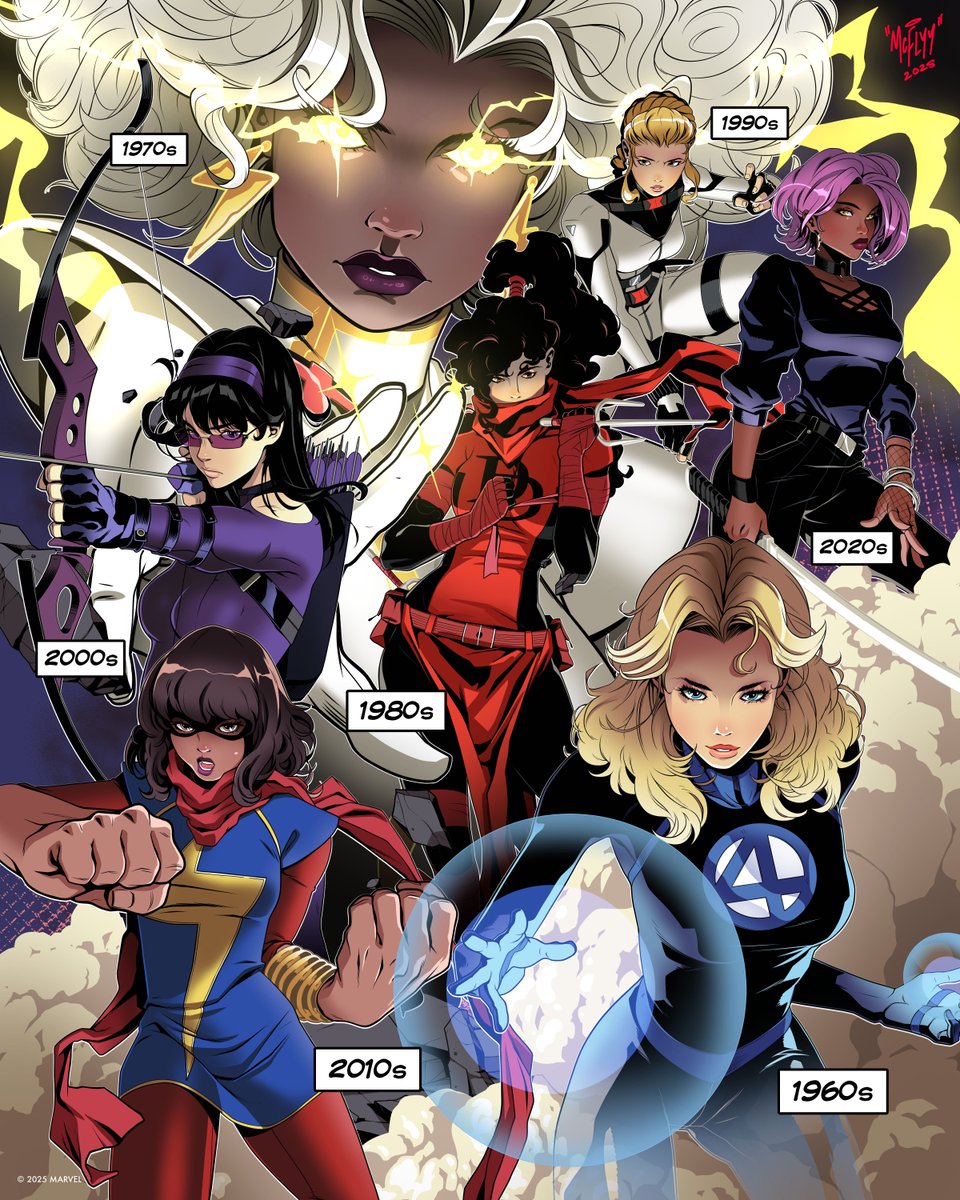 Marvel's tweet image. Celebrating these powerful women of Marvel introduced throughout the decades.

🎨: Mcflyy