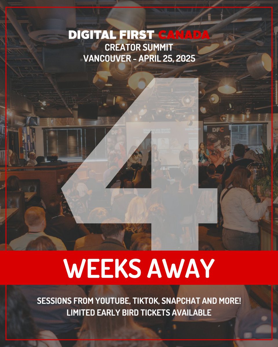 DigitalFirstCan's tweet image. We’re 4 weeks away from Digital First Canada’s Creator Summit in Vancouver!

Join us at TELUS Garden on April 25, 2025 for engaging keynote speeches, interactive panel discussions, and hands-on workshops.

Early Bird Tickets ending soon. 
🔗digitalfirstcanada.ca/dfc-summit/van…