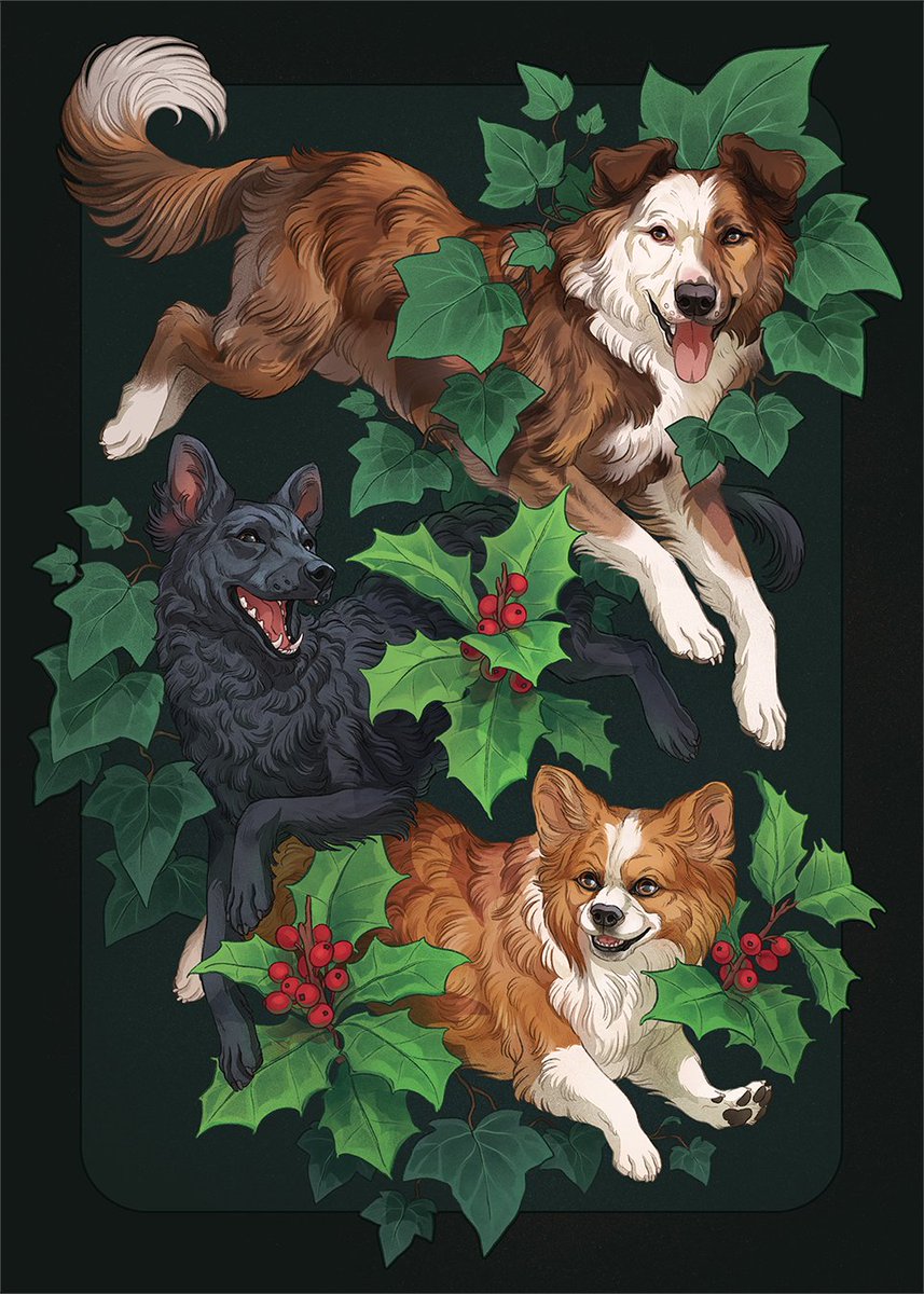 Well well well, guess who's back, at leat for a moment?  The artwork below is a festive card I had pleasure to create last year for Abriana, featuring her three wonderful dogs - Dicey, Blair and Peaches!
