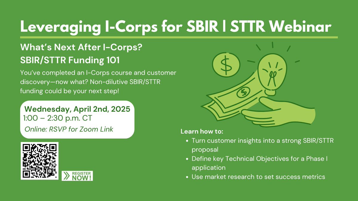 TexasInnoCenter's tweet image. 🚀 What’s Next After I-Corps? SBIR/STTR funding could be your next step!
Join our Leveraging I-Corps for SBIR | STTR Webinar on April 2nd @ 1 PM CT to learn how to turn customer insights into a winning proposal.
📍 Online | RSVP for Zoom Link
🔗utexas.qualtrics.com/jfe/form/SV_1Q…