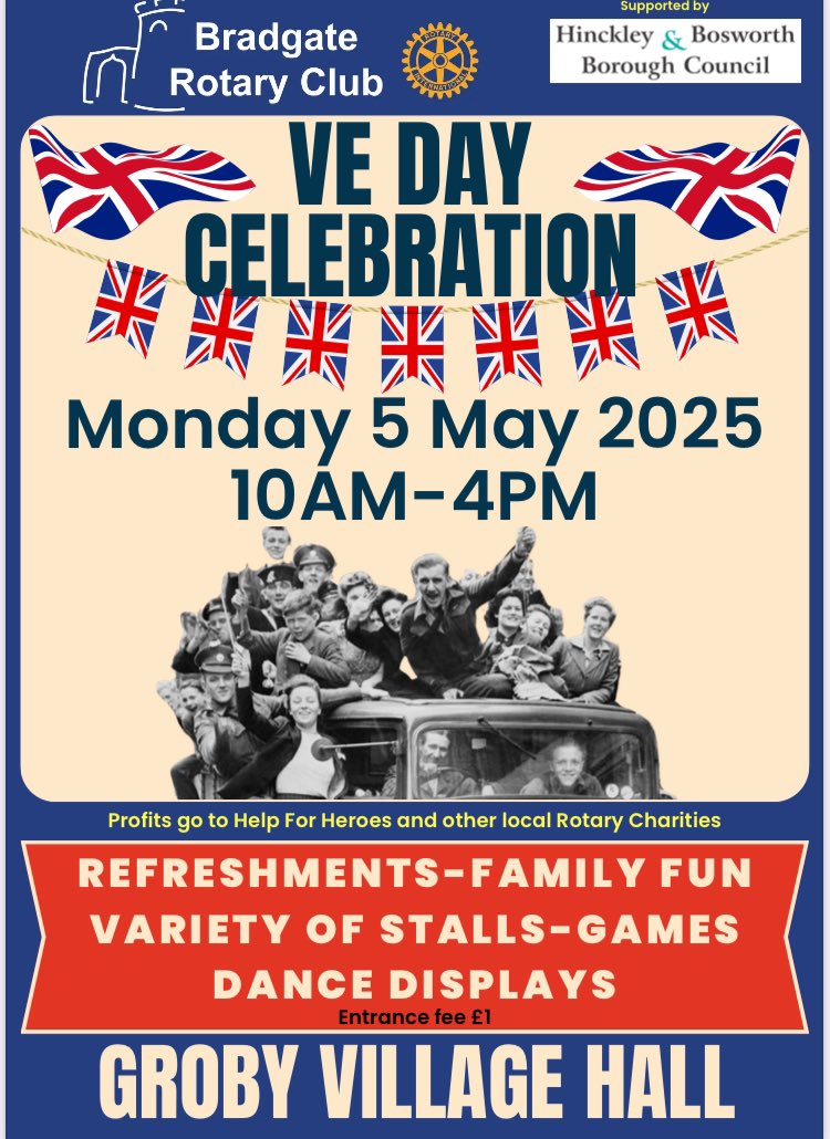 Bradgate Rotary Club (@bradgaterotary) on Twitter photo Wondering what to do to celebrate the 80th Anniversary of VE Day? It’s all happening around Groby Village Hall
- Amateur radio
- Groby sings
- Dance workshops and demos
- Tombola
- Raffle
- Stalls
- Refreshments
- Childrens’ Crafts
- Knitting Corner Wondering what to do to celebrate the 80th Anniversary of VE Day? It’s all happening around Groby Village Hall
- Amateur radio
- Groby sings
- Dance workshops and demos
- Tombola
- Raffle
- Stalls
- Refreshments
- Childrens’ Crafts
- Knitting Corner