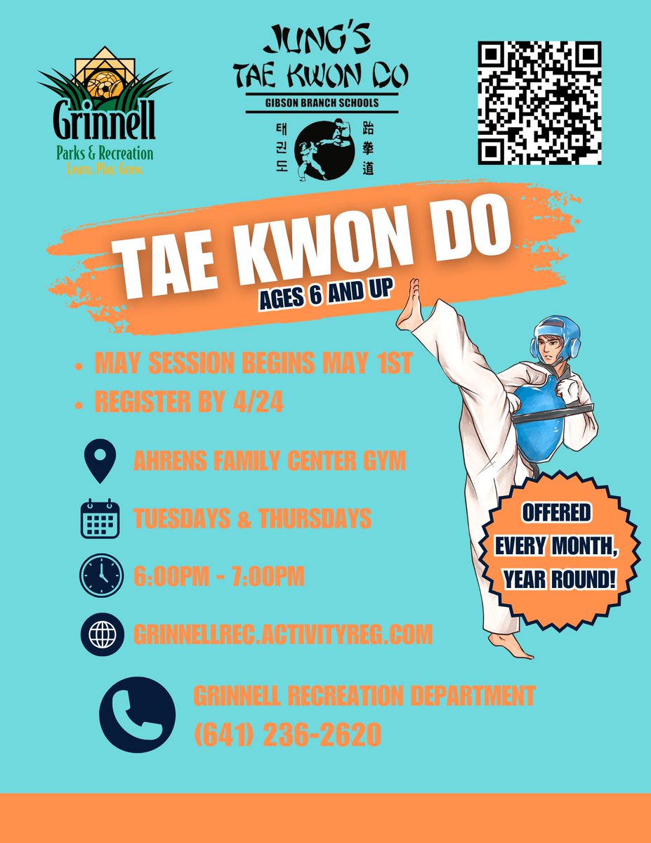 Registration for May Tae Kwon Do is now open! Head to the website to sign up now: grinnellrec.activityreg.com.
