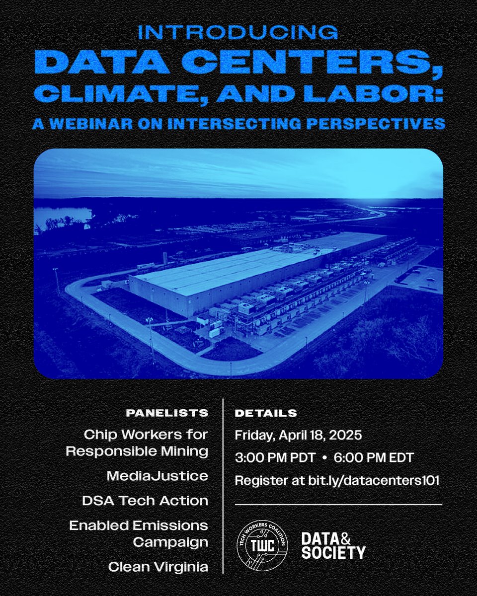 techworkersco's tweet photo. How do #DataCenter's destroy our #climate, exploit #labor, and create toxic conditions for those who live nearby? RT plz

Join our Zoom webinar with @datasocietyahead @SFClimateWeek

📷 Friday, April 18, 2025
⏰ 3:00 PM PDT / 6:00 PM PDT
🔗Register online https://t.co/dZgGBqkHUZ https://t.co/Ni4roKCMsk