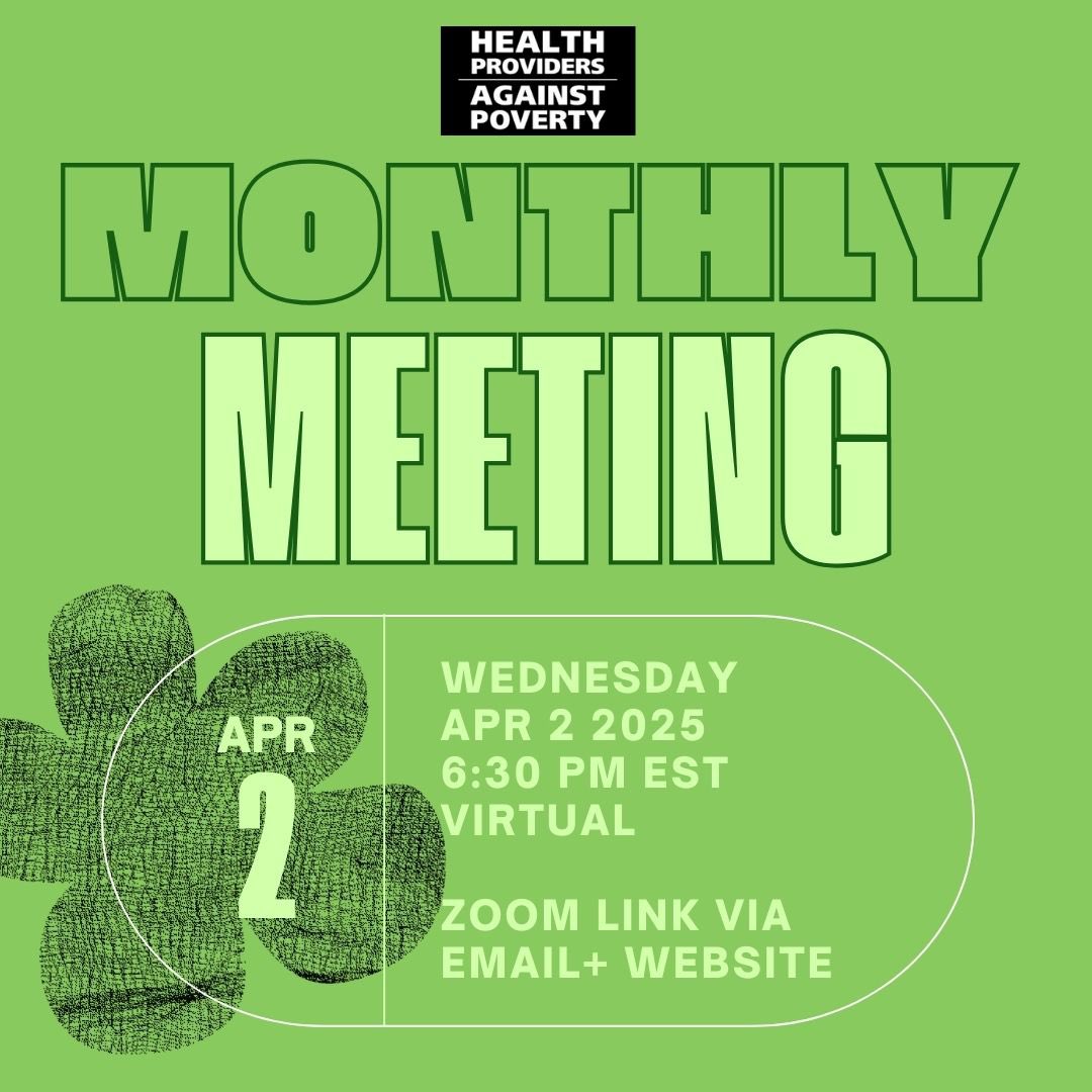 MONTHLY MEETING - VIRTUAL

APRIL 2 2025 - 6:30 PM ET 

Health workers and trainees, please join us to learn about ongoing projects, engage with ongoing work, connect with others, liaise from other orgs or just listen.

Zoom link on the website and sent via the listserv
