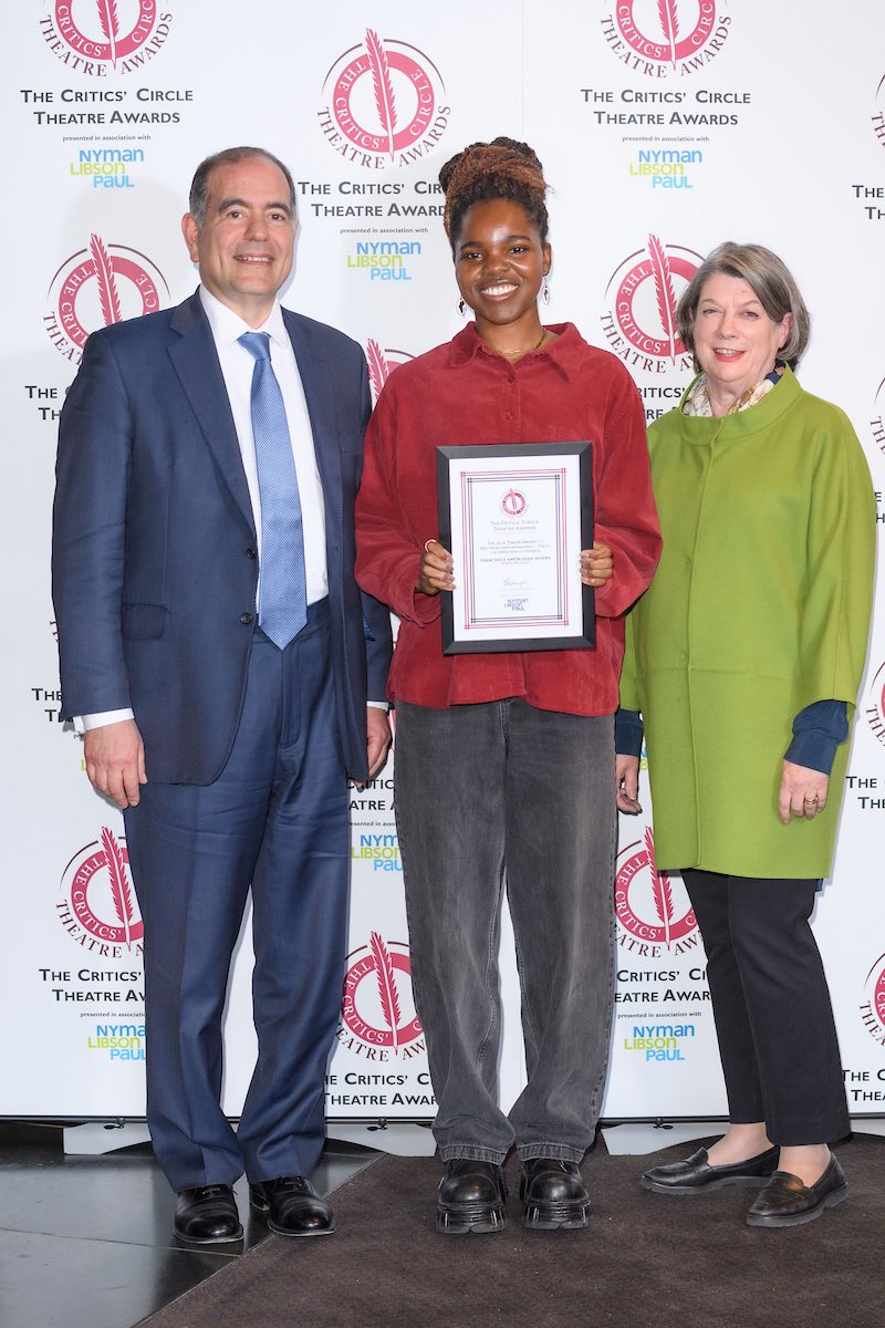 Ronel Lehmann pictured with Francesca Amewudah-Rivers, @romeojulietldn winner of The Jack Tinker Award for Best Newcomer sponsored by @finitouk for Romeo and Juliet opposite Tom Holland, at the annual Theatre Critics’ Circle Awards held in the National Theatre.