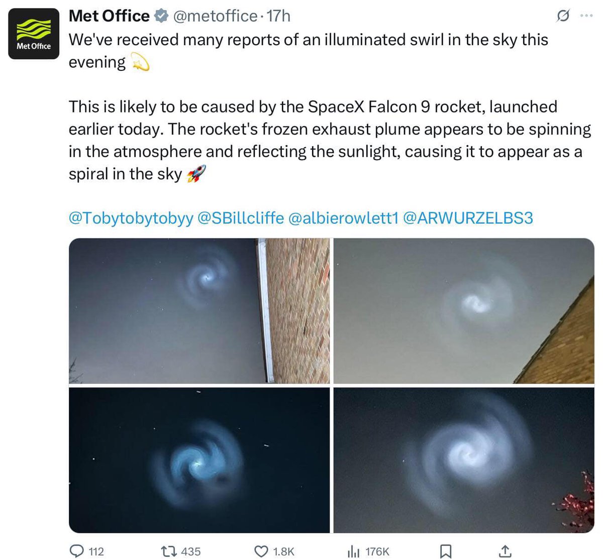 Mikey1969's tweet photo. @Alexphysics13 @NASASpaceflight The UK Met Office tweeted out about it including pictures … https://t.co/Tuw8vfAEx6