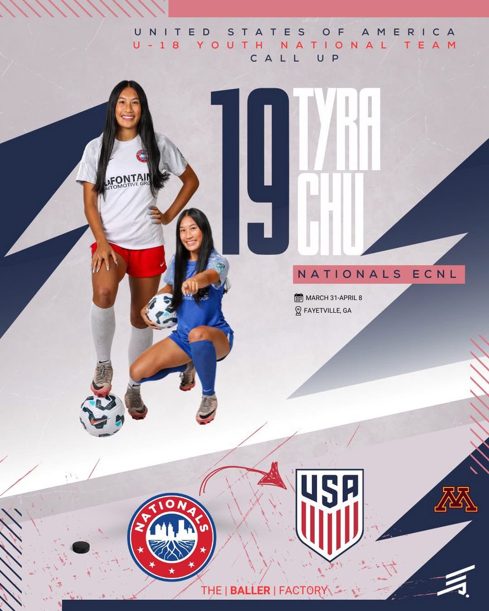 Nationals Girls Academy (@nationalsga) on Twitter photo Congratulations to 2007 Nationals Blue ECNL's Tyra Chu for her call-up to the <a href="/USYNT/">U.S. Soccer YNT</a> U-18 Youth National Team Camp from March 31-April 8th in Fayetteville, Georgia!
Tyra is a stand-out defender for our <a href="/ECNLgirls/">ECNL Girls</a> program, and we are so excited to see you called back into YNT Congratulations to 2007 Nationals Blue ECNL's Tyra Chu for her call-up to the <a href="/USYNT/">U.S. Soccer YNT</a> U-18 Youth National Team Camp from March 31-April 8th in Fayetteville, Georgia!
Tyra is a stand-out defender for our <a href="/ECNLgirls/">ECNL Girls</a> program, and we are so excited to see you called back into YNT