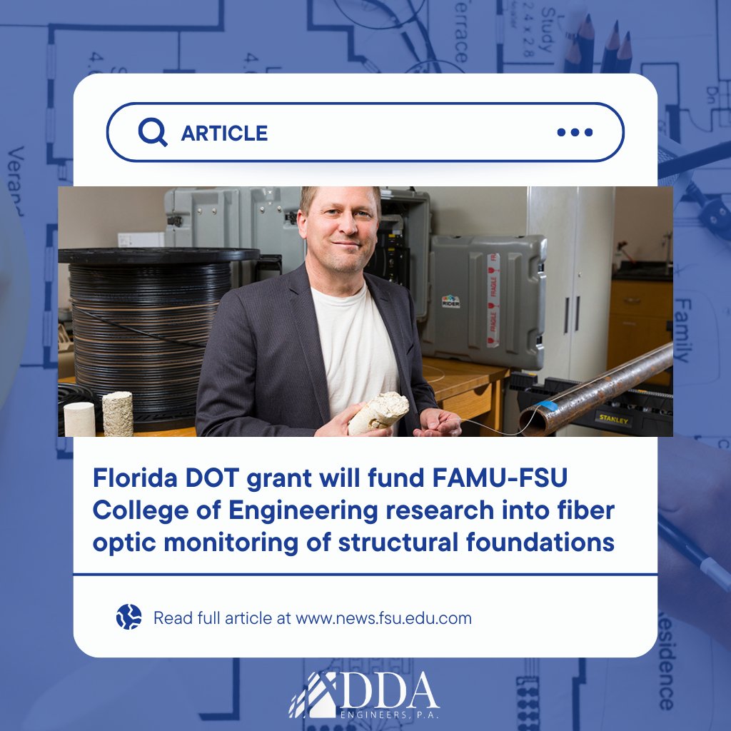 DDAEngineers's tweet image. Florida DOT is funding fiber-optic research for structural monitoring.Why does this matter? Real-time data from fiber optics could transform how we assess foundation integrity. zurl.co/VuNst #ddaengineers #structuralengineering #fiberoptic