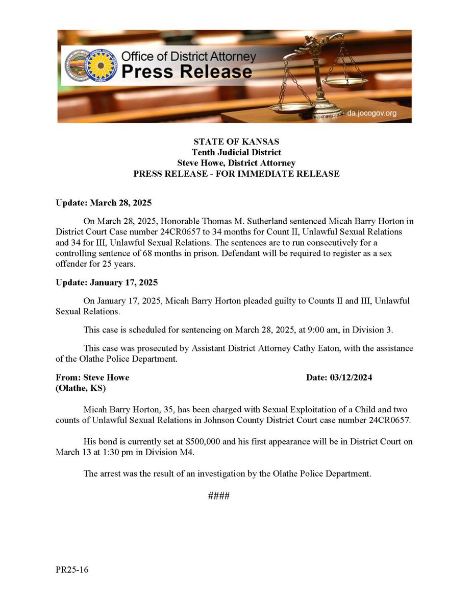 State v. Horton; 24CR0657. Former teacher sentenced in Unlawful Sexual Relations case.