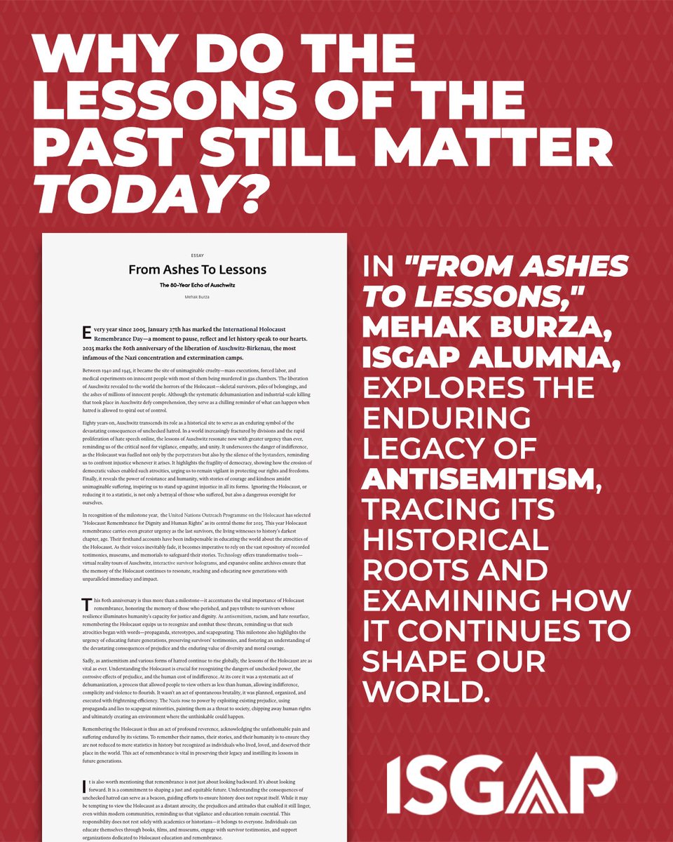 ISGAP (@isgap) on Twitter photo 📢 Why do the lessons of the past still matter today?
In From Ashes to Lessons, Dr. Mehak Burza <a href="/drmehakburza/">Dr. Mehak Burza</a> , Program Coordinator, Online Global Initiatives, Ackerman Center for Holocaust Studies, University of Texas at Dallas and ISGAP alumna, draws upon her extensive 📢 Why do the lessons of the past still matter today?
In From Ashes to Lessons, Dr. Mehak Burza <a href="/drmehakburza/">Dr. Mehak Burza</a> , Program Coordinator, Online Global Initiatives, Ackerman Center for Holocaust Studies, University of Texas at Dallas and ISGAP alumna, draws upon her extensive