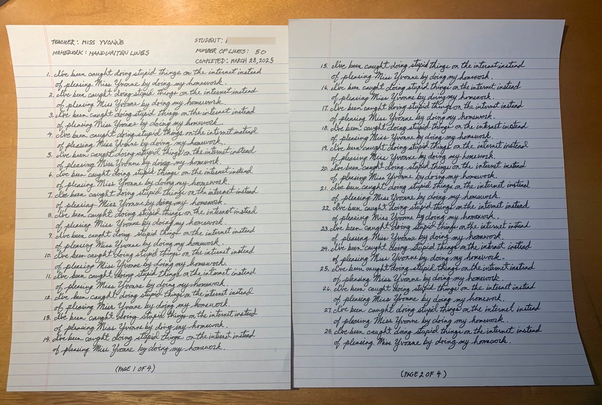 IMiss_Yvonne's tweet image. I caught a poor sub student doing stupid things online. I punished him by assigning him a 50 handwrittten line writing assignment. He finally understood that he should do his homework instead of doing stupid things.
The line says more than a thousand phrases.
Miss Yvonne👩🏼🏫