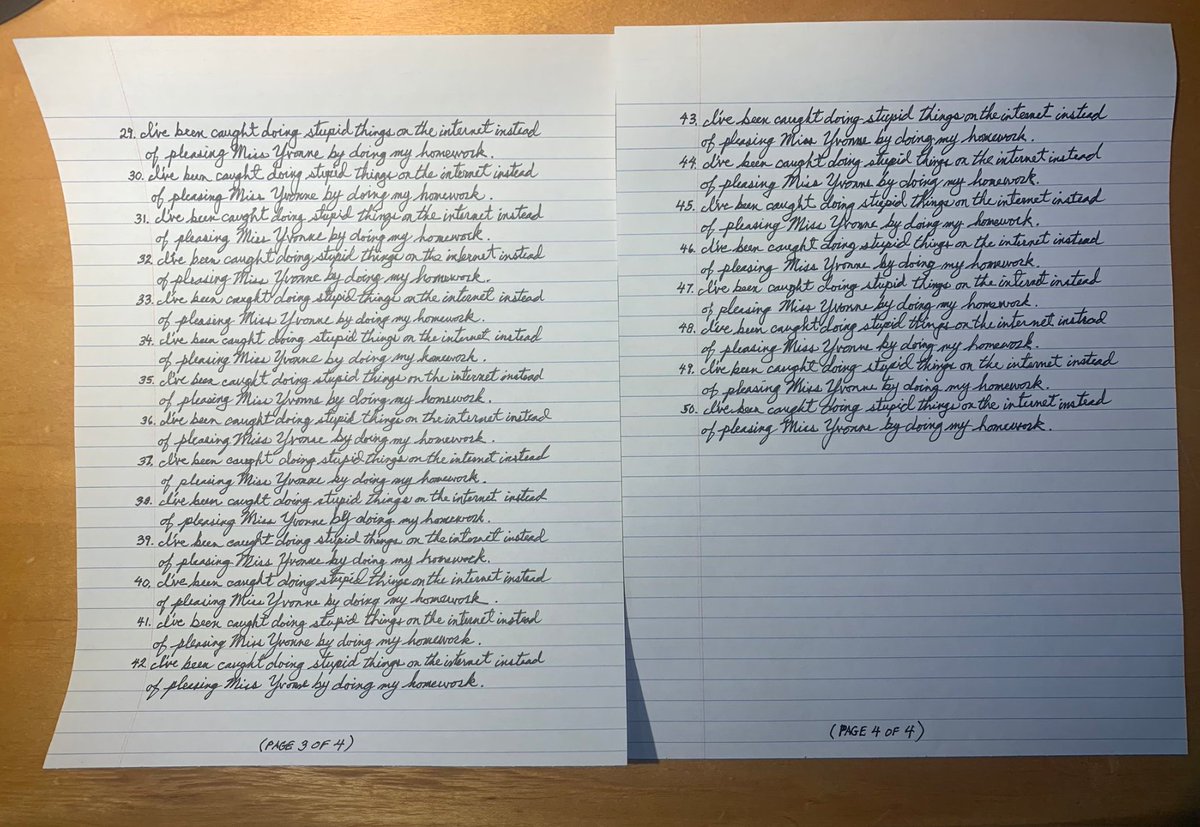 IMiss_Yvonne's tweet image. I caught a poor sub student doing stupid things online. I punished him by assigning him a 50 handwrittten line writing assignment. He finally understood that he should do his homework instead of doing stupid things.
The line says more than a thousand phrases.
Miss Yvonne👩🏼🏫