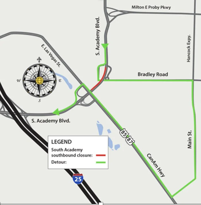 ColoradoDOT's tweet photo. #CDOT #News: Military Access, Mobility & Safety Improvement Updates for Week of March 30, 2025 in @CityofCOS. Temporary full closures of southbound South Academy Boulevard near #US85/#US87 planned for bridge work.
📰https://t.co/Y9TMyPx8UH
#KnowBeforeYouGo #SlowfortheConeZone https://t.co/cPr5FPae62