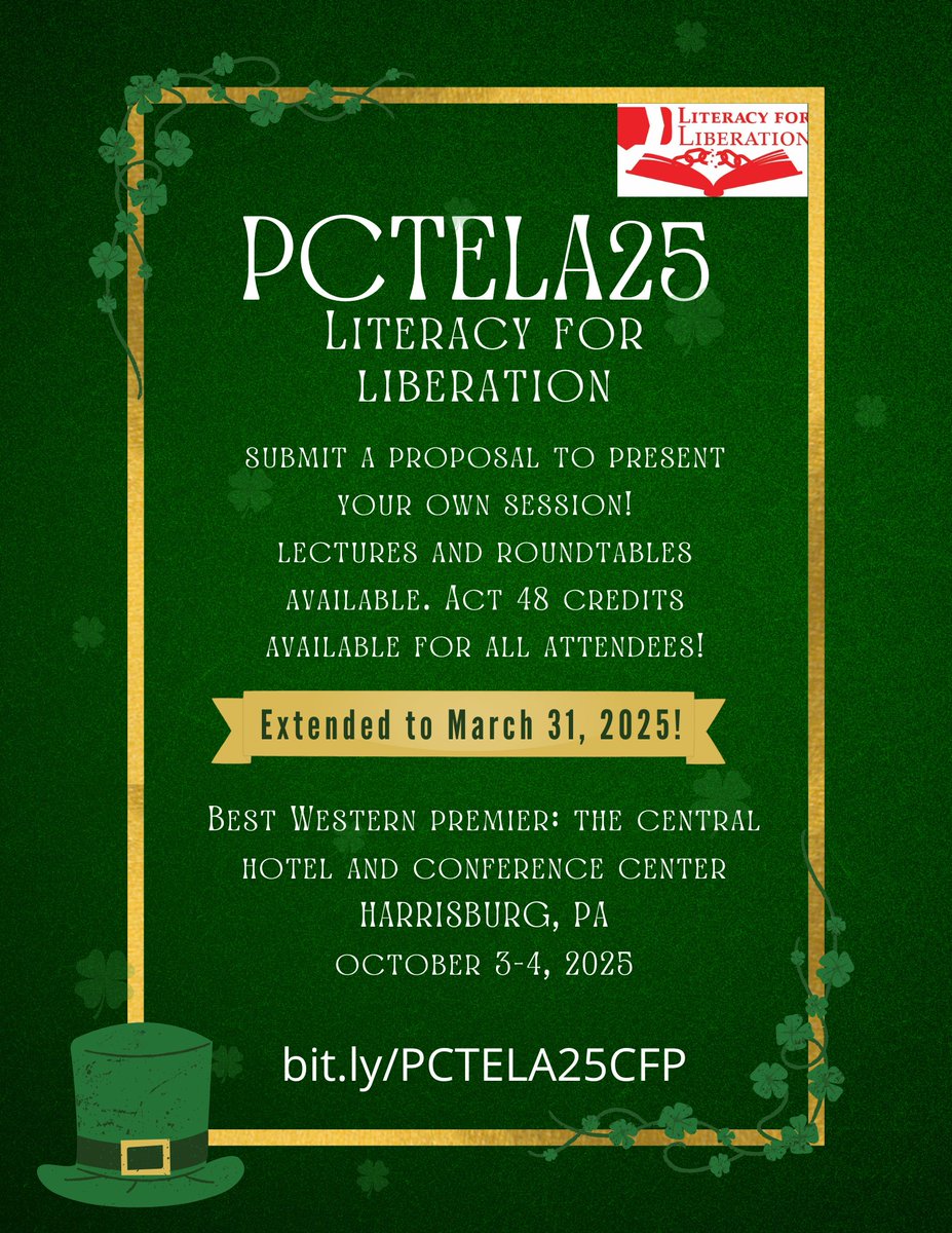 PCTELA (@pctelanews) on Twitter photo As you head into the weekend, make sure to submit your proposal for #pctela25! Teachers of all age groups are welcome. Submit a session proposal by 3/31 and share all things ELA with other educators!
bit.ly/PCTELA25CFP
<a href="/ncte/">National Council of Teachers of English (NCTE)</a> <a href="/PSEA/">PSEA</a> <a href="/PADeptofEd/">PA Department of Education</a> <a href="/PAEduChat1/">PAEduChat</a> <a href="/KSLAliteracy/">Keystone State Literacy Association</a> As you head into the weekend, make sure to submit your proposal for #pctela25! Teachers of all age groups are welcome. Submit a session proposal by 3/31 and share all things ELA with other educators!
bit.ly/PCTELA25CFP
<a href="/ncte/">National Council of Teachers of English (NCTE)</a> <a href="/PSEA/">PSEA</a> <a href="/PADeptofEd/">PA Department of Education</a> <a href="/PAEduChat1/">PAEduChat</a> <a href="/KSLAliteracy/">Keystone State Literacy Association</a>