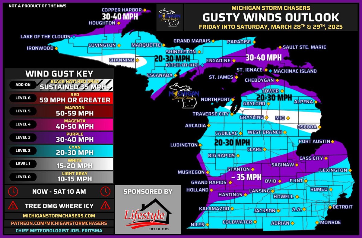 MiStormChasers's tweet photo. The risk for significant ice build up remains overnight tonight through Saturday morning for much of the Upper Peninsula, and extreme northern Lower Peninsula (tip of the mitt).

A couple changes have been made for this last call forecast which is in effect from now through about 2 PM tomorrow afternoon. A lull in the precipitation is expected before precipitation resumes Saturday night. Let's break it down by precipitation type one more time.

Freezing Rain & Ice
Our main concern remains the ice storm set to unfold here in the coming hours. We have expanded our 0.2-0.4" zone further west to encompass some of the central UP counties currently under an Ice Storm Warning. Ensemble averages look to be on the lower end here, but still within the maroon-shaded threshold. We have expanded the black hatched area (0.05" per hour rates) into the M-28 corridor in the eastern UP as we've seen a slight shift north in recent analysis. In northern lower Michigan, most of the ice on this map will fall well after midnight, as the line that will be training over US-2 drops south with the front into Saturday morning. Not all locations in northern lower will see freezing rain, but these are your totals in the event you do. A general reminder for all areas, just because you're in the 0.2-0.4" zone for example, does not mean you'll get the full 0.4".

Snow
No major changes other than a slight shift north. Sleet totals remain mixed in with these snow totals shown. Any significant snowfall will be confined to the Copper Harbor region as daytime highs only reach about 32°F here. No snow expected today in the Lower Peninsula.

Rain
We knocked down the totals for the Lower Peninsula for today. Plentiful rain will still occur, and a couple isolated spots in our T-0.25" zone will exceed 0.25" within any heavy thunderstorm, but confidence in widespread 0.25"+ after these early afternoon thunderstorms here is low.

Wind
A narrow corridor of approximately 35 MPH wind gusts is possible from Holland over to the thumb later tonight. 30-40 MPH gusts are still likely in our ice storm region on the east side of the Upper Peninsula, along with the Keweenaw Peninsula. Elsewhere, gusts up to 30 MPH are possible for a decent majority of the state. These winds will pick up gradually as the day turns to night.

A reminder, this is only for this first round. A secondary forecast package for round two will be released late tonight. We plan on hosting another briefing this evening around 7 pm for both systems, and perhaps a glance into the middle of next week.

-- Useful Links --
Our YouTube channel:
https://t.co/xoRIMkyjJy
Our Twitch channel:
https://t.co/qm8gohKt79
Our Merch store:
https://t.co/qB8FFfGTtP
Submit a damage report in our Facebook community group:
Michigan Weather Reports

-- Post Sponsor: Lifestyle Exteriors --
If your home has suffered damage from a storm, we’re here to help. We’ll even take care of the insurance process for you, taking one more thing off your plate. We understand that you have enough to worry about because we’ve been in your shoes. As Michigan natives and homeowners ourselves, we appreciate how important it is to protect your home and your investment in your property.
Is your roof ready for the next storm?  Our expert team provides free roofing inspections to ensure your home is protected.  

Identify hidden damage  

Extend your roof’s lifespan  

Peace of mind—all at no cost  

Don’t wait until it’s too late—schedule your free inspection today! Call 989-436-2488