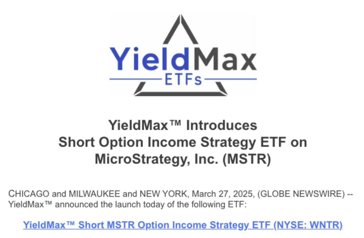 YieldMax is introducing a short option income strategy on $MSTR. An  investor can now hold both $MSTY and $WNTR at the same time. Receiving huge  dividends while being insulated from the price