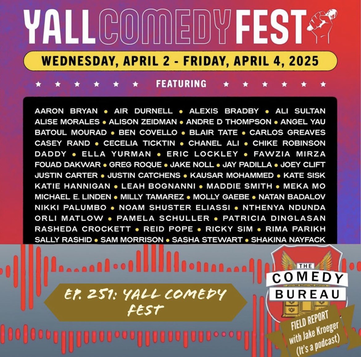 Positive Jam PR (@positivejampr) on Twitter photo This weekās episode of <a href="/thecomedybureau/">Comedy Bureau</a> Field Report is all about YALL! The <a href="/YALLcomedy/">Yes, And... Laughter Lab</a> team chats with Jake about how comedy can make a difference and change the world šš¤
thecomedybureau.com/the-comedy-bur⦠This weekās episode of <a href="/thecomedybureau/">Comedy Bureau</a> Field Report is all about YALL! The <a href="/YALLcomedy/">Yes, And... Laughter Lab</a> team chats with Jake about how comedy can make a difference and change the world šš¤
thecomedybureau.com/the-comedy-burā¦