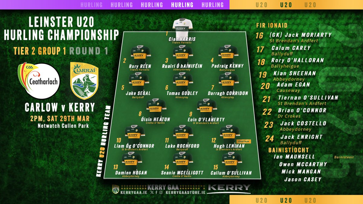 ⚾️Team Announcement: Kerry vs Carlow - O’Neills.com Leinster U20 Hurling Championship, Tier 2, Group 1, Round 1.  

Full team news here: kerrygaa.ie/2025/03/team-a…

#WeAreKerry #CiarraíAbú