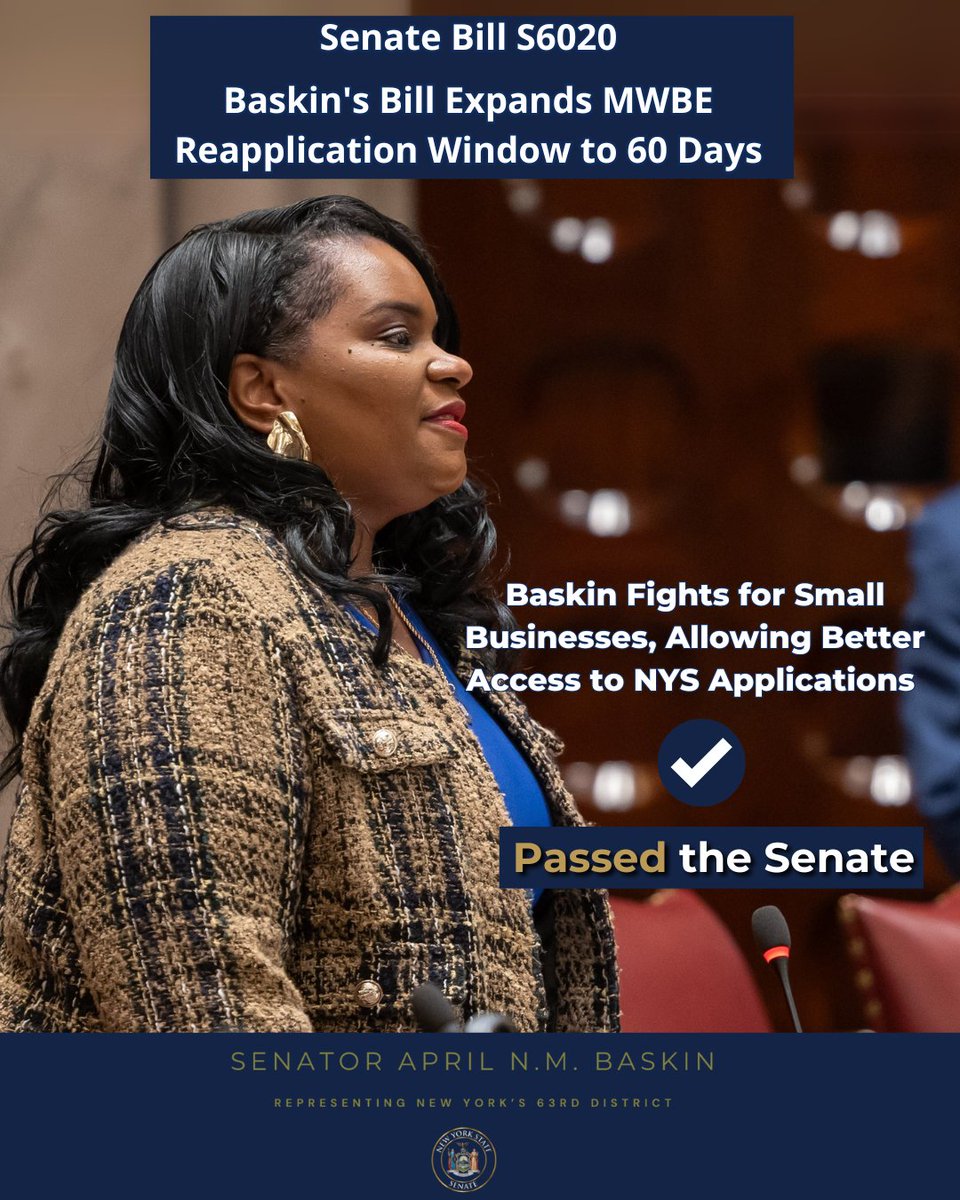 Senator April N.M. Baskin (@senatorbaskin) on Twitter photo Big win for small businesses! My first bill, the 'Cure Act,' just passed the <a href="/NYSenate/">New York State Senate</a>, doubling the time to reapply for MWBE certification and opening doors for business owners. For more info, visit nysenate.gov/newsroom/press⦠Big win for small businesses! My first bill, the 'Cure Act,' just passed the <a href="/NYSenate/">New York State Senate</a>, doubling the time to reapply for MWBE certification and opening doors for business owners. For more info, visit nysenate.gov/newsroom/pressā¦