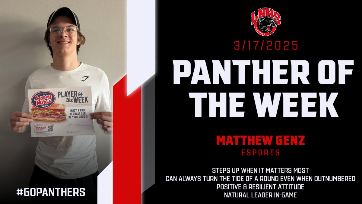 Lakeville North High School (@lnhs_panthers) on Twitter photo Congratulations to last week's <a href="/jerseymikes/">Jersey Mike's Subs</a> Panther of the Week, Matthew Genz from ESports! Matthew is a natural leader that always steps up when it matters most with resilience & positivity. He's proven he can turn the tide of a round, even when outnumbered. #astudentabove Congratulations to last week's <a href="/jerseymikes/">Jersey Mike's Subs</a> Panther of the Week, Matthew Genz from ESports! Matthew is a natural leader that always steps up when it matters most with resilience & positivity. He's proven he can turn the tide of a round, even when outnumbered. #astudentabove