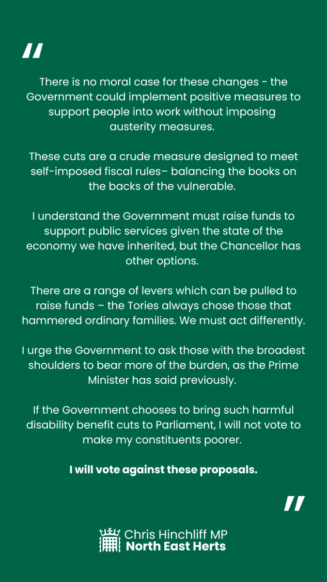 CHinchliffMP's tweet image. If the Government chooses to bring harmful disability benefit cuts to Parliament, I will not vote to make my constituents poorer.

I will vote against these proposals.

My statement below. 👇