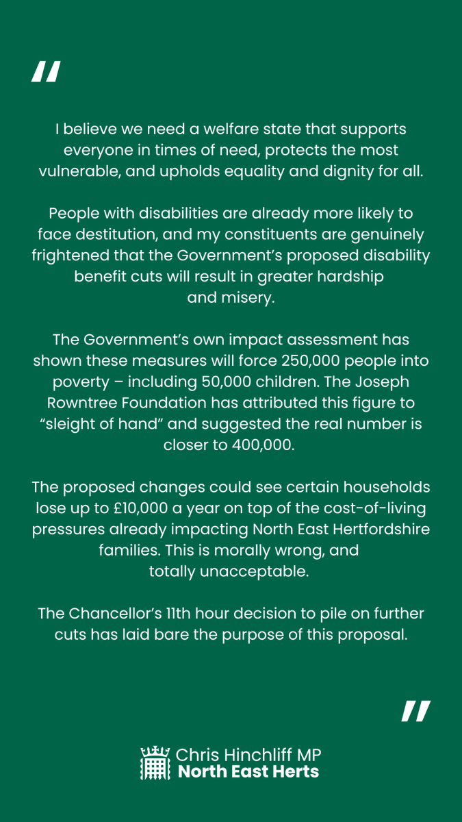 CHinchliffMP's tweet image. If the Government chooses to bring harmful disability benefit cuts to Parliament, I will not vote to make my constituents poorer.

I will vote against these proposals.

My statement below. 👇