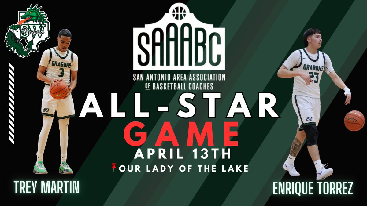 Southwest Dragon Hoops (@swdragonhoops) on Twitter photo Congrats to our Seniors <a href="/treydatruth07/">Trey Martin</a> and <a href="/kique2332/">Enrique Torrez</a> for being selected to the San Antonio Area Association of Basketball Coaches All-Star Game.
<a href="/swisd_athletics/">SWISD Athletics</a> <a href="/rcaudiosports/">RC Audio Sports</a> <a href="/SSports_Media/">Super Sports Media</a> <a href="/SASWAthletics/">SWHS Athletics</a> Congrats to our Seniors <a href="/treydatruth07/">Trey Martin</a> and <a href="/kique2332/">Enrique Torrez</a> for being selected to the San Antonio Area Association of Basketball Coaches All-Star Game.
<a href="/swisd_athletics/">SWISD Athletics</a> <a href="/rcaudiosports/">RC Audio Sports</a> <a href="/SSports_Media/">Super Sports Media</a> <a href="/SASWAthletics/">SWHS Athletics</a>
