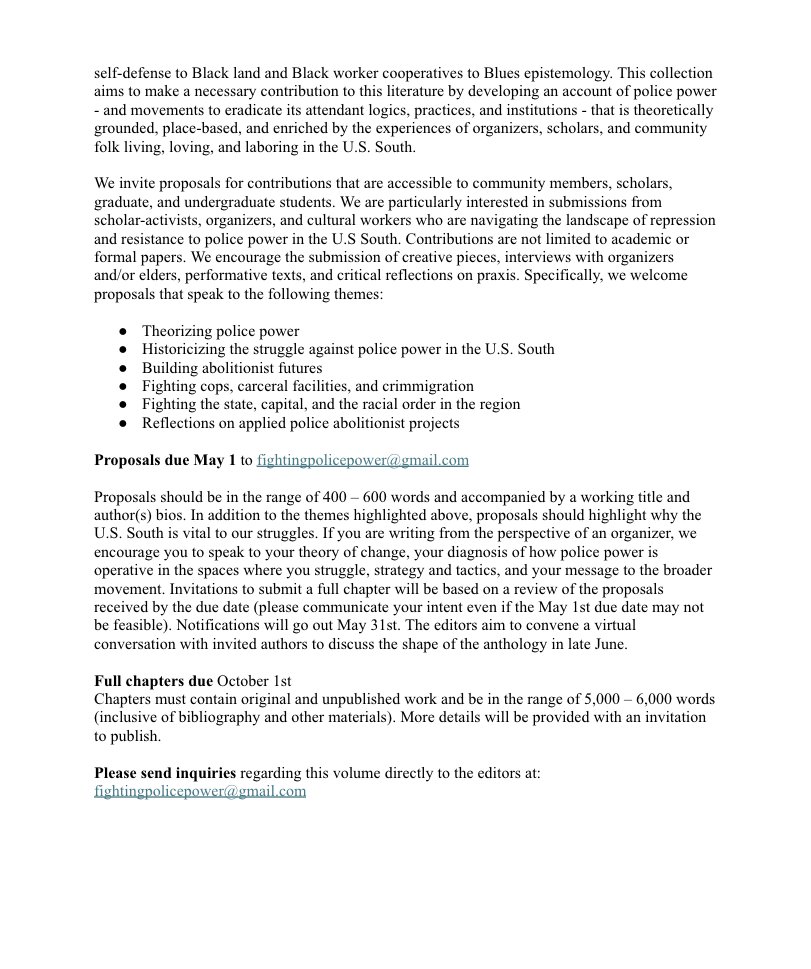 Fighting Police Power in the U.S. South (call for proposals):