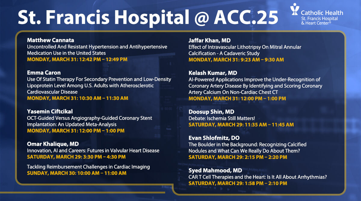 OPCI (@opcilive) on Twitter photo Connect with our expert faculty in person throughout the weekend at #ACC25! 🤝 Representing <a href="/StFrancis_LI/">St. Francis Hospital & Heart Center</a>. 🫀 accscientificsession.acc.org
Check out their sessions and stop by booth #23016 for conversations and culinary delights.
<a href="/OKhaliqueMD/">Omar Khalique</a> <a href="/CathElectroSurg/">Jaffar Khan</a> <a href="/DoosupShin/">Doosup Shin</a> <a href="/ESHLOF/">Evan Shlofmitz</a> Connect with our expert faculty in person throughout the weekend at #ACC25! 🤝 Representing <a href="/StFrancis_LI/">St. Francis Hospital & Heart Center</a>. 🫀 accscientificsession.acc.org
Check out their sessions and stop by booth #23016 for conversations and culinary delights.
<a href="/OKhaliqueMD/">Omar Khalique</a> <a href="/CathElectroSurg/">Jaffar Khan</a> <a href="/DoosupShin/">Doosup Shin</a> <a href="/ESHLOF/">Evan Shlofmitz</a>