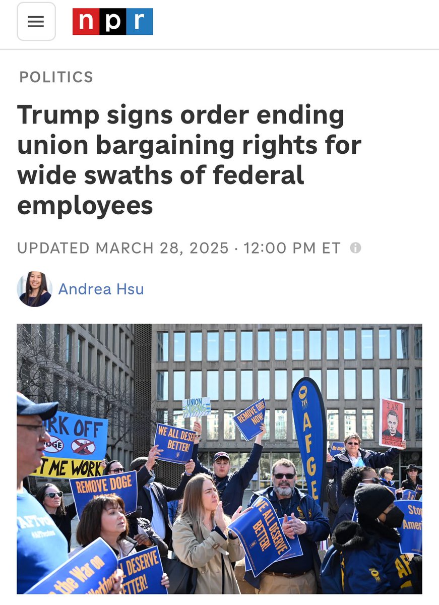 This is union busting. It's a dangerous attempt to silence federal workers as Trump dismantles the agencies they work for — hurting their ability to get you the benefits &amp; services you need.
 
Let me be clear: this is an attack on ALL of labor &amp; I'll keep standing w/ workers. ✊🏽