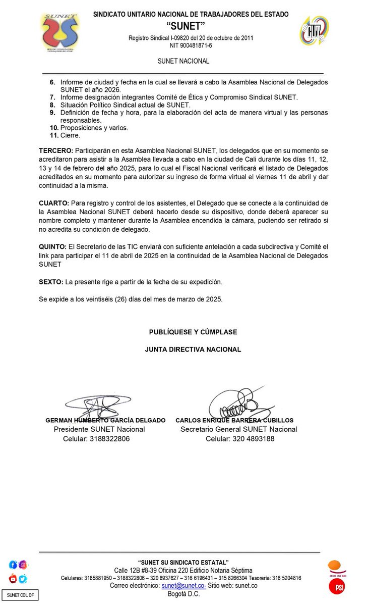 De conformidad a decisiones tomadas en reunión de Junta Directiva de <a href="/sunetcolofc/">@SunetColOfc</a>  el pasado 26/03,  nuestro presidente <a href="/GermanSUNET/">German GarciaDelgado</a> convoca de manera virtual a Asamblea Nacional de Delegados el próximo 11 de abril. 
Mayor información 👇🏻👀