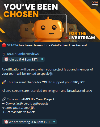 obey_the_pasta's tweet photo. @farokh 🚨 Big news, Pasta Fam! 🍝

$PASTA is on CoinRanker Live Review today! 🔥

⏰ 6-8pm EST – Don’t miss it! https://t.co/15shq5h15m