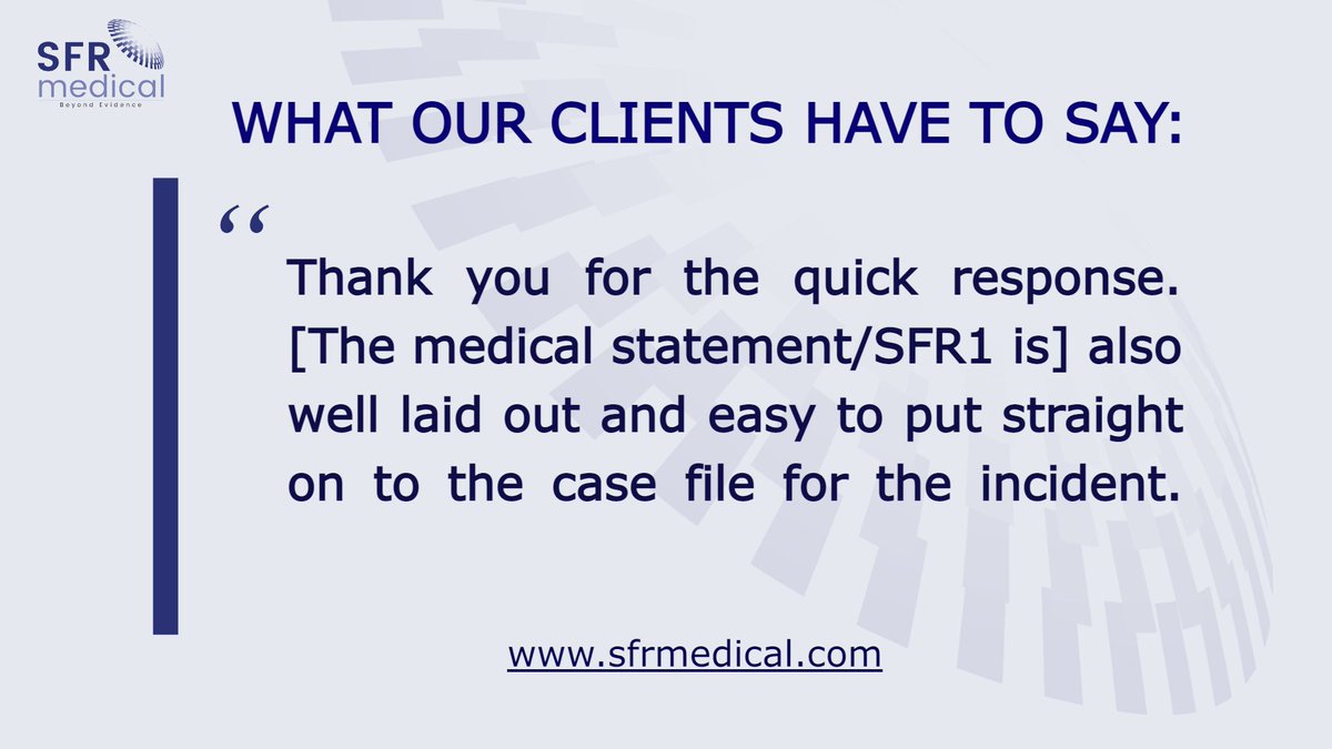 Thank you for your kind words! We’re delighted to hear that you had a positive experience. Your feedback motivates us to continue delivering the highest standards of service.

Contact us at expert.witness@sfrmedical.com or visit our website at sfrmedical.com

#SFR
