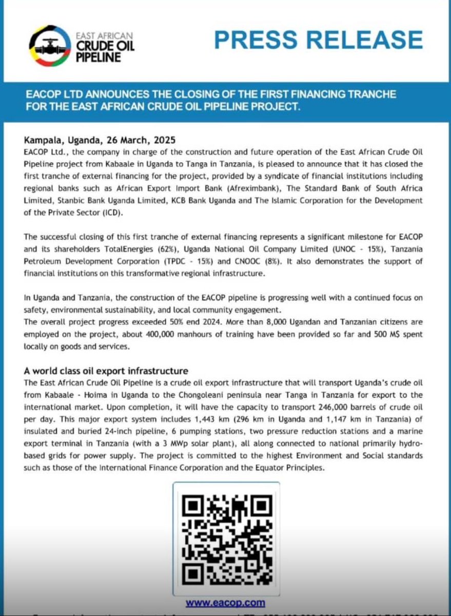 Andrew Kamau (@andrewnkamau) on Twitter photo Looks like EACOP is finally off the ground and will see Uganda monetise its crude oil. Canโt help but wonder if it would have happened without US โฆ<a href="/realDonaldTrump/">Donald J. Trump</a>โฉ and โฆ<a href="/SecretaryWright/">Secretary Chris Wright</a>โฉ. Looks like EACOP is finally off the ground and will see Uganda monetise its crude oil. Canโt help but wonder if it would have happened without US โฆ<a href="/realDonaldTrump/">Donald J. Trump</a>โฉ and โฆ<a href="/SecretaryWright/">Secretary Chris Wright</a>โฉ.