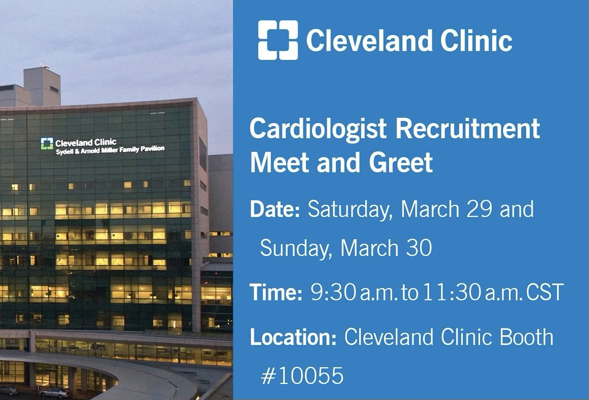 Cleveland Clinic Heart, Vascular & Thoracic (@cleclinichvti) on Twitter photo Headed to #ACC25 this weekend?
Stop by booth # 10055 to meet our staff & learn about opportunities to join <a href="/ClevelandClinic/">Cleveland Clinic</a>’s Cardiovascular Medicine team🫀
Recruitment sessions will be Saturday & Sunday, 9:30-11:30am CST.
<a href="/CCFcards/">CCF Cardiology Fellows</a> <a href="/tavrkapadia/">Samir Kapadia</a> <a href="/UmeshKhotMD/">Umesh Khot</a> Headed to #ACC25 this weekend?
Stop by booth # 10055 to meet our staff & learn about opportunities to join <a href="/ClevelandClinic/">Cleveland Clinic</a>’s Cardiovascular Medicine team🫀
Recruitment sessions will be Saturday & Sunday, 9:30-11:30am CST.
<a href="/CCFcards/">CCF Cardiology Fellows</a> <a href="/tavrkapadia/">Samir Kapadia</a> <a href="/UmeshKhotMD/">Umesh Khot</a>
