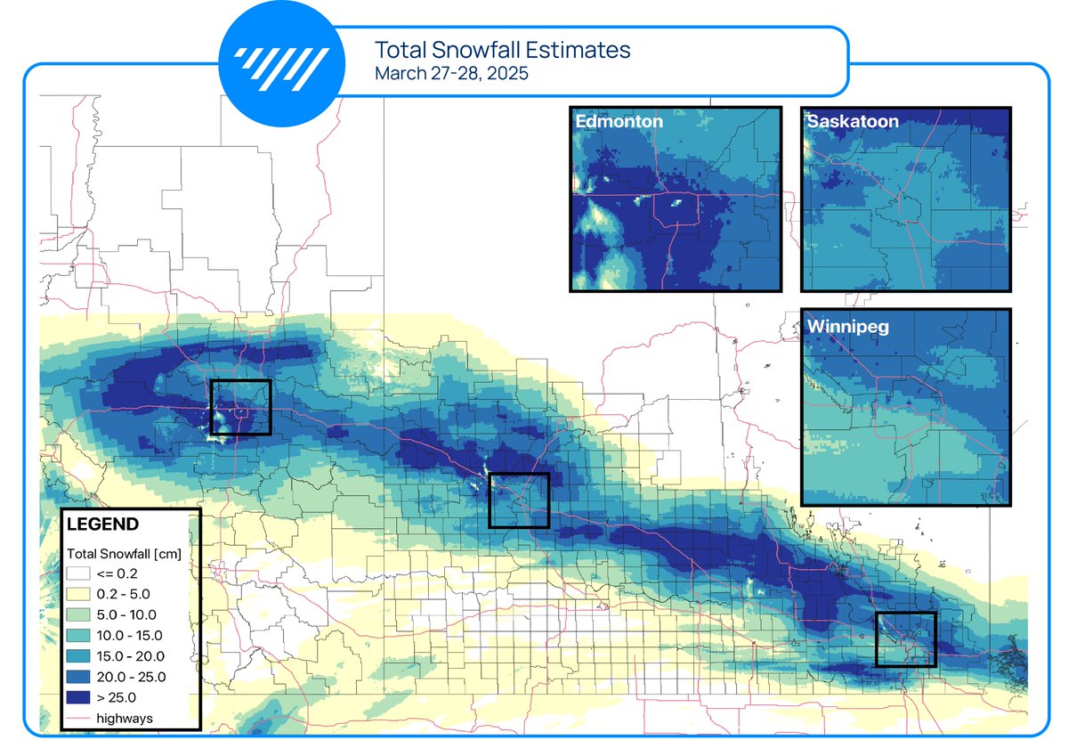 A significant spring snowstorm is coming to an end across the Prairies. Here are estimated total snowfall amounts across the region up to 12 PM on Friday, March 28. #abstorm #skstorm #mbstorm