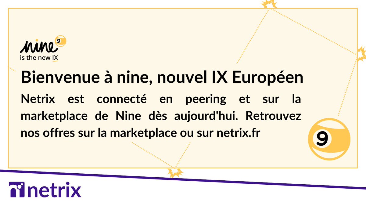 Bienvenue à nine ! 🎉 Nous sommes ravis d'être parmi les premiers réseaux connectés sur ce nouvel IX, que ce soit pour du peering ou des services de marketplace 🌐🔗

🔍 Découvrez nine : nine-ix.net
🔗 Nos offres via nine : netrix.fr/transit-ip-ant…